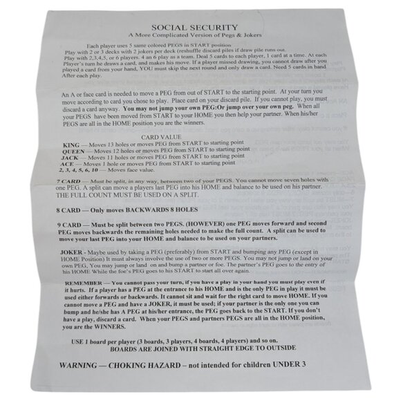 Handmade Pegs & Jokers Social Security Game 6 Boards 30 Pegs w/ Instructions - Picture 8 of 9